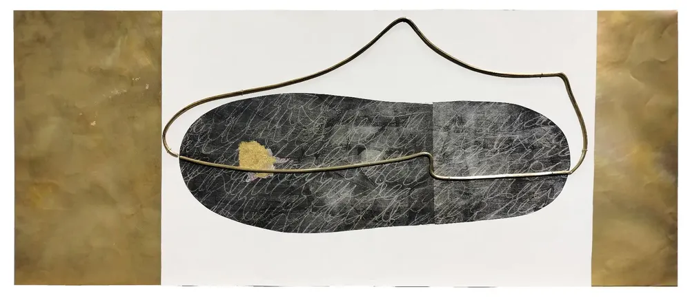Artwork titled "Zapato" made with graphite, synthetic enamelled paint, paper, brass in the year 2023 by Juan Diego Miguel