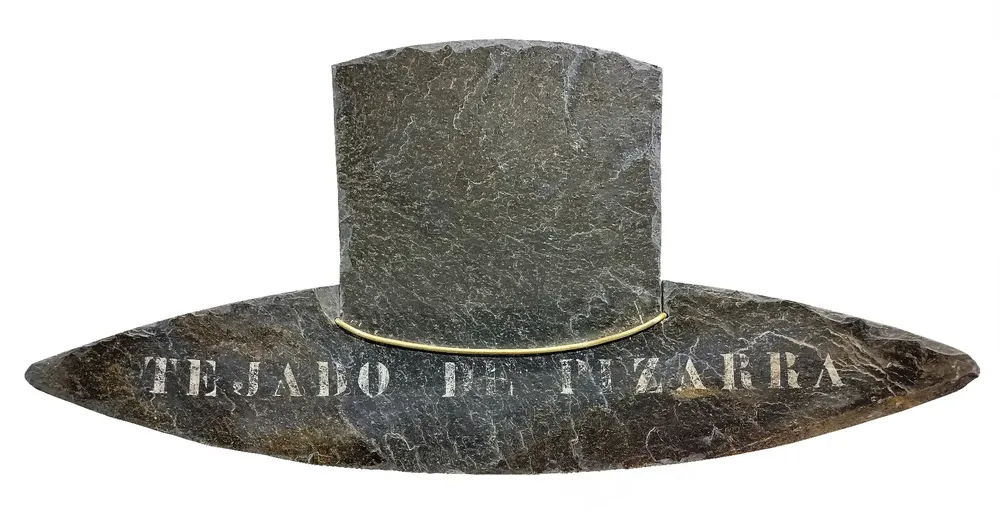 Artwork titled "Tejado de pizarra" made with synthetic enamelled paint, slate stone, brass in the year 2023 by Juan Diego Miguel
