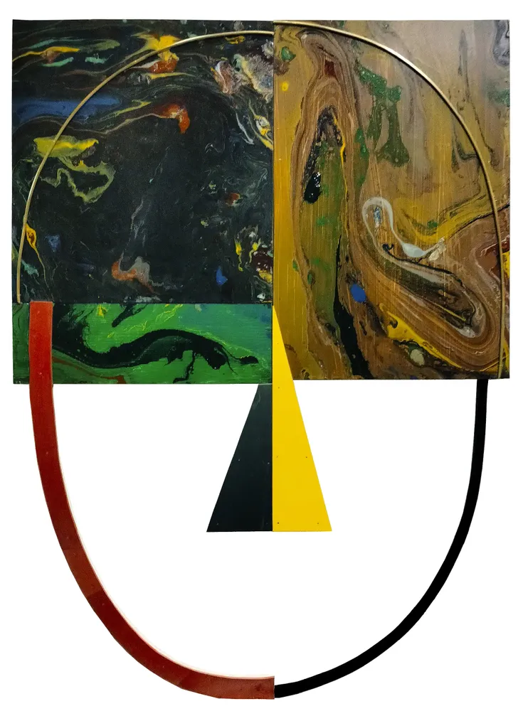 Artwork titled "Cabeza" made with synthetic enamelled paint, laminate, plywood, brass, plastic in the year 2023 by Juan Diego Miguel