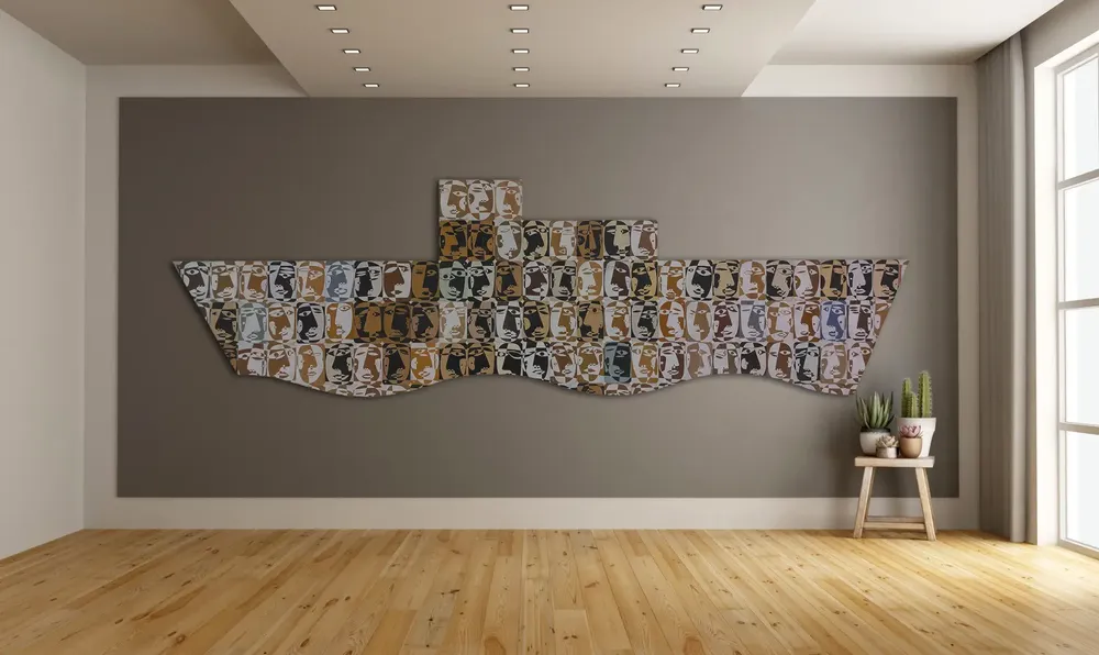 Artwork titled "Una patera" made with synthetic enamelled paint, laminate, plywood in the year 2023 by Juan Diego Miguel