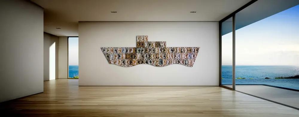Artwork titled "Una patera" made with synthetic enamelled paint, laminate, plywood in the year 2023 by Juan Diego Miguel