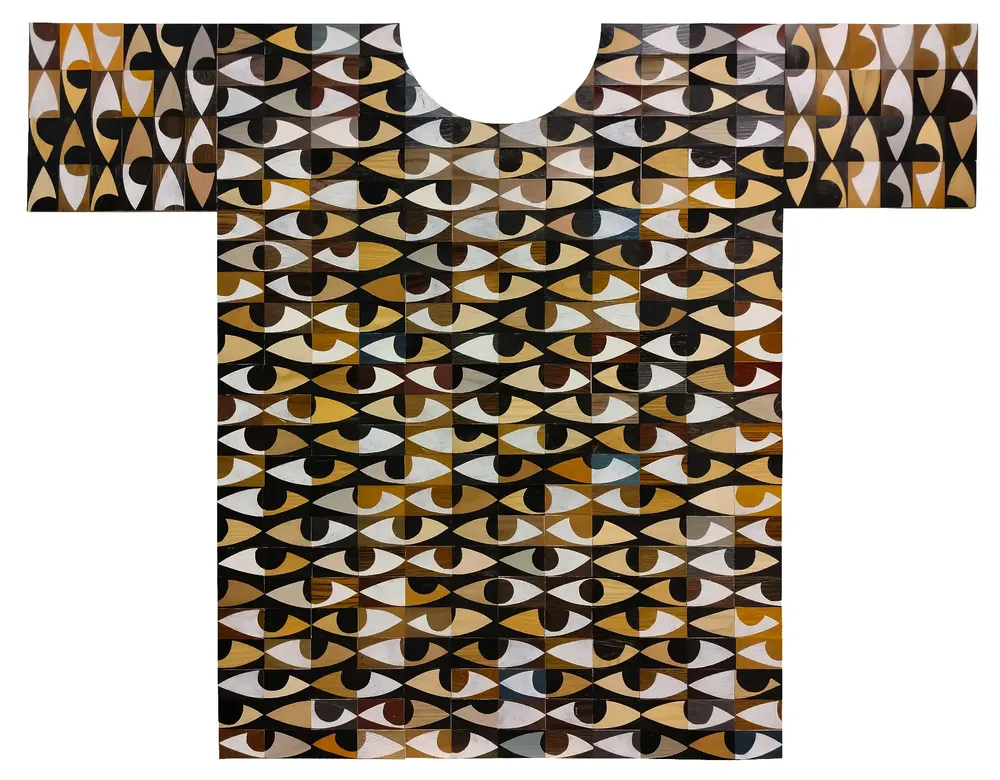 Artwork titled "Camiseta de ojos" made with synthetic enamelled paint, laminate in the year 2023 by Juan Diego Miguel