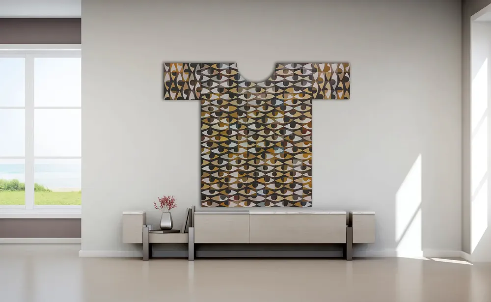 Artwork titled "Camiseta de ojos" made with synthetic enamelled paint, laminate in the year 2023 by Juan Diego Miguel