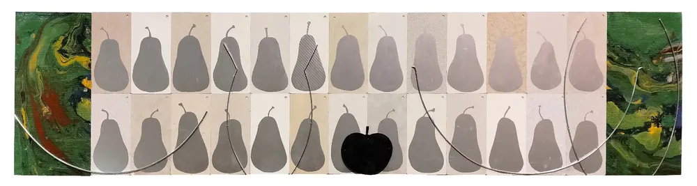 Artwork titled "Manzana negra" made with synthetic enamelled paint, laminate, aluminum, brass, rubber in the year 2023 by Juan Diego Miguel