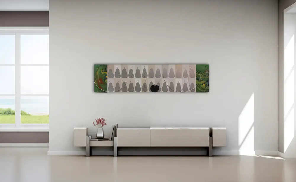 Artwork titled "Manzana negra" made with synthetic enamelled paint, laminate, aluminum, brass, rubber in the year 2023 by Juan Diego Miguel