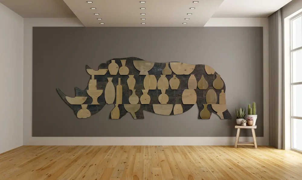 Artwork titled "Rinoceronte en cacharreria" made with wood, iron, rubber in the year 2023 by Juan Diego Miguel