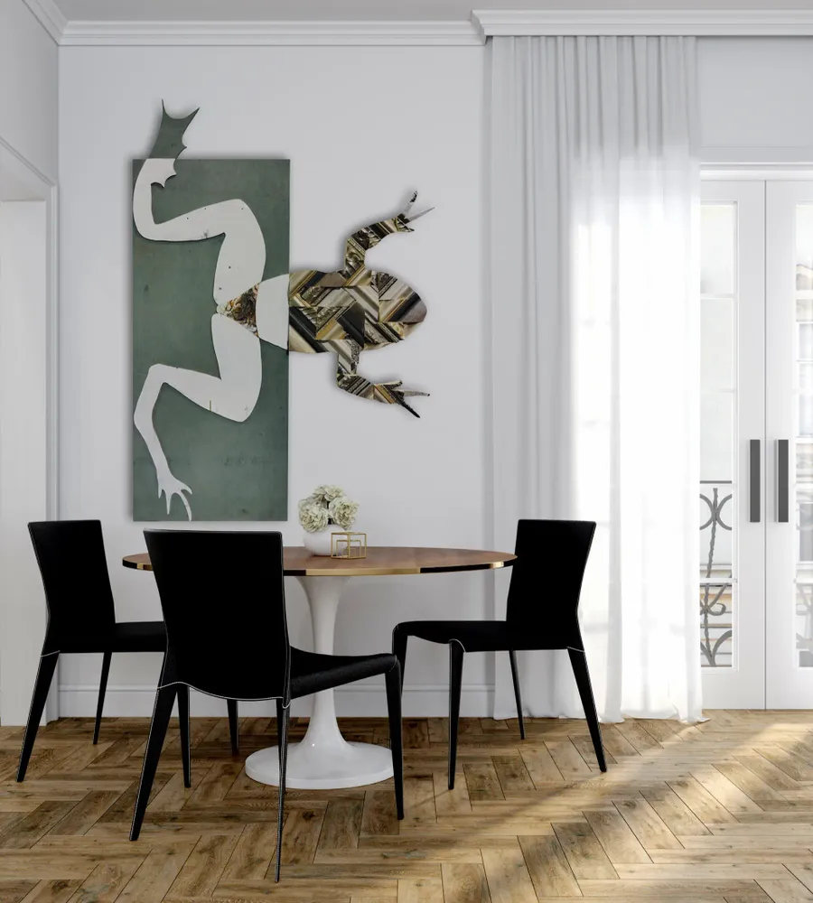 Artwork titled "Rana con bragas" made with synthetic enamelled paint, laminate, mdf, frames in the year 2023 by Juan Diego Miguel