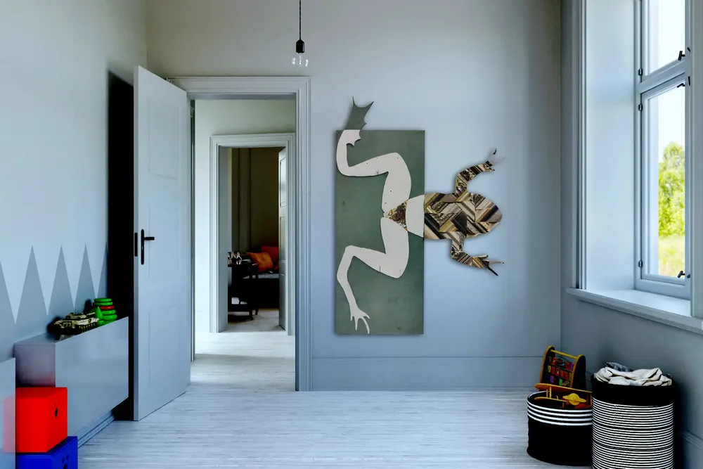 Artwork titled "Rana con bragas" made with synthetic enamelled paint, laminate, mdf, frames in the year 2023 by Juan Diego Miguel