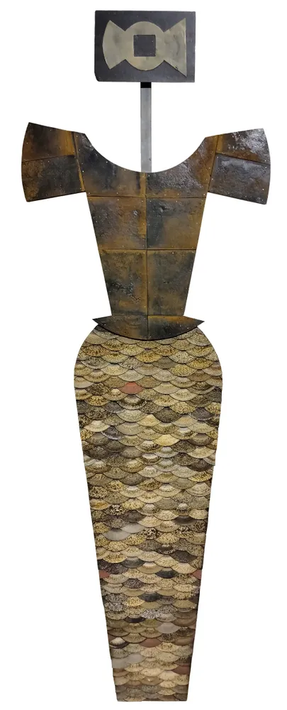 Artwork titled "Falda escamosa" made with encaustic, slate stone, iron, rubber, abrasive in the year 2023 by Juan Diego Miguel