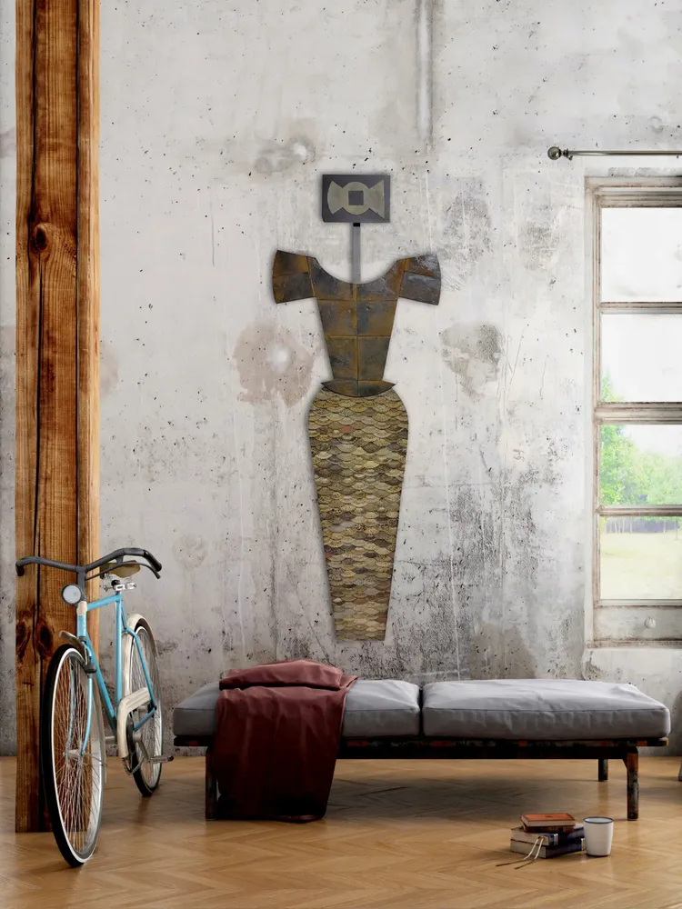 Artwork titled "Falda escamosa" made with encaustic, slate stone, iron, rubber, abrasive in the year 2023 by Juan Diego Miguel