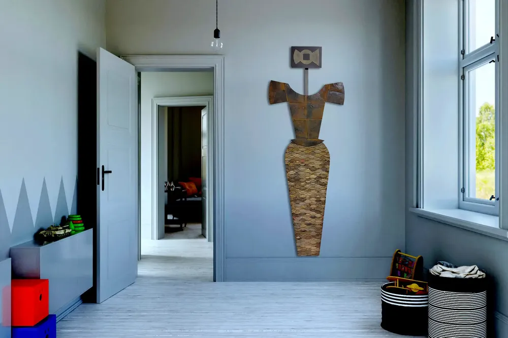 Artwork titled "Falda escamosa" made with encaustic, slate stone, iron, rubber, abrasive in the year 2023 by Juan Diego Miguel
