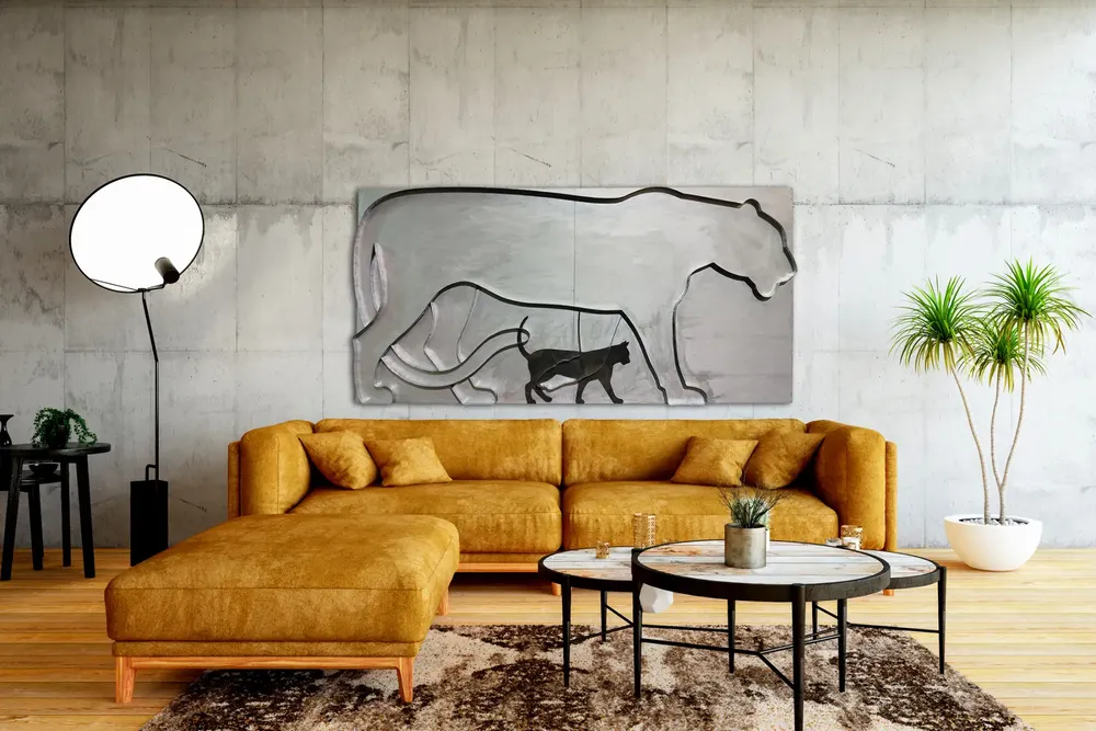 Artwork titled "Sueña el gato" made with rubber, galvanized iron, synthetic enamelled paint, plywood in the year 2023 by Juan Diego Miguel
