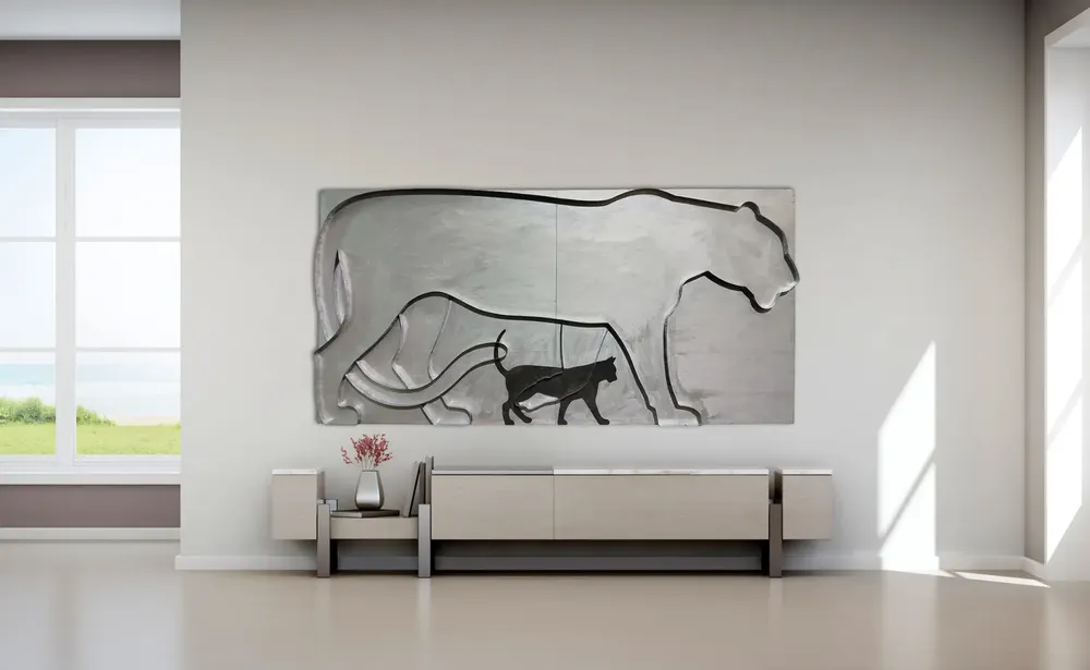 Artwork titled "Sueña el gato" made with rubber, galvanized iron, synthetic enamelled paint, plywood in the year 2023 by Juan Diego Miguel