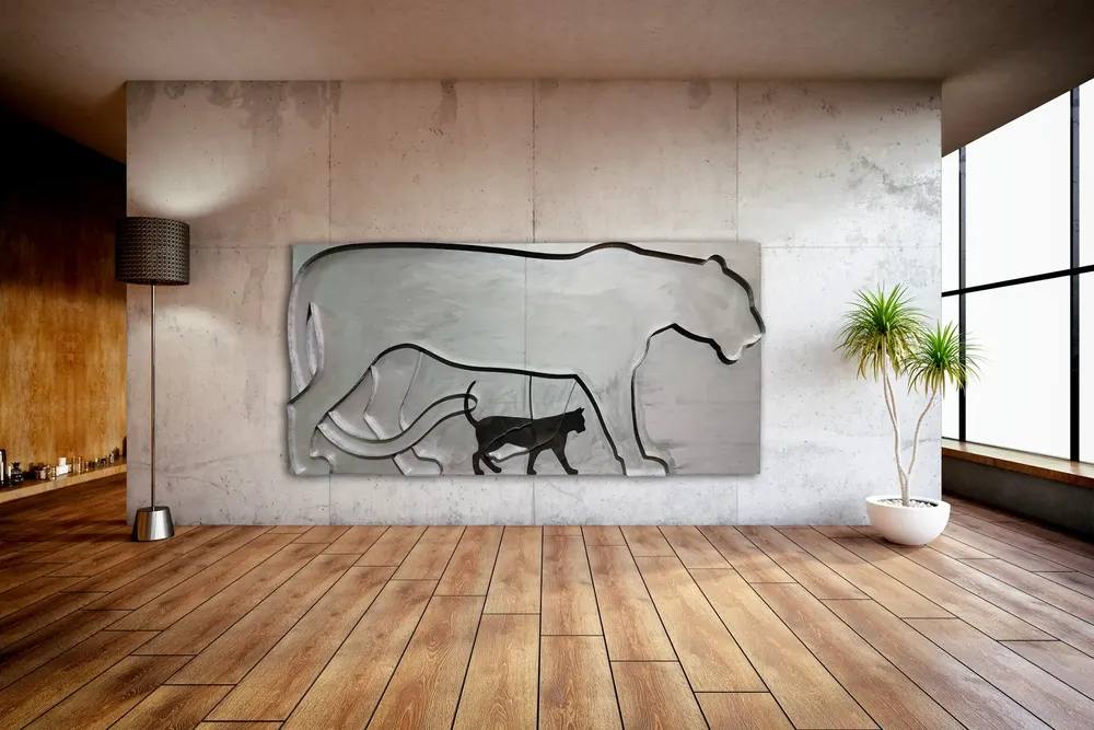Artwork titled "Sueña el gato" made with rubber, galvanized iron, synthetic enamelled paint, plywood in the year 2023 by Juan Diego Miguel