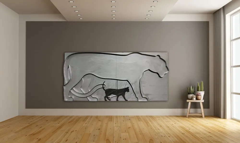Artwork titled "Sueña el gato" made with rubber, galvanized iron, synthetic enamelled paint, plywood in the year 2023 by Juan Diego Miguel
