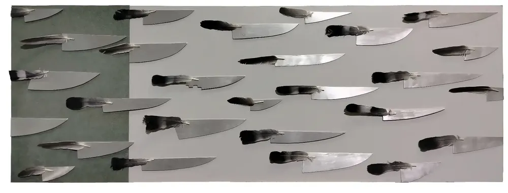 Artwork titled "Bandada" made with feathers, aluminum, mdf, brass in the year 2023 by Juan Diego Miguel
