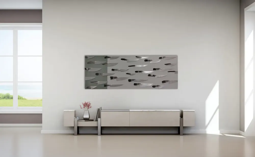 Artwork titled "Bandada" made with feathers, aluminum, mdf, brass in the year 2023 by Juan Diego Miguel