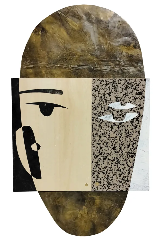 Artwork titled "Cabeza C" made with synthetic enamelled paint, laminate, brass in the year 2023 by Juan Diego Miguel