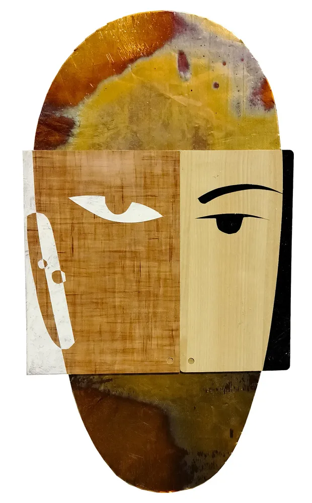 Artwork titled "Cabeza E" made with synthetic enamelled paint, laminate, copper in the year 2023 by Juan Diego Miguel