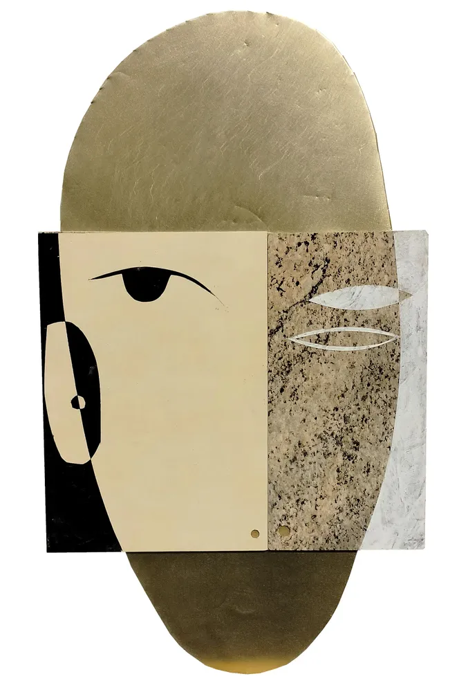 Artwork titled "Cabeza F" made with synthetic enamelled paint, laminate, brass in the year 2023 by Juan Diego Miguel