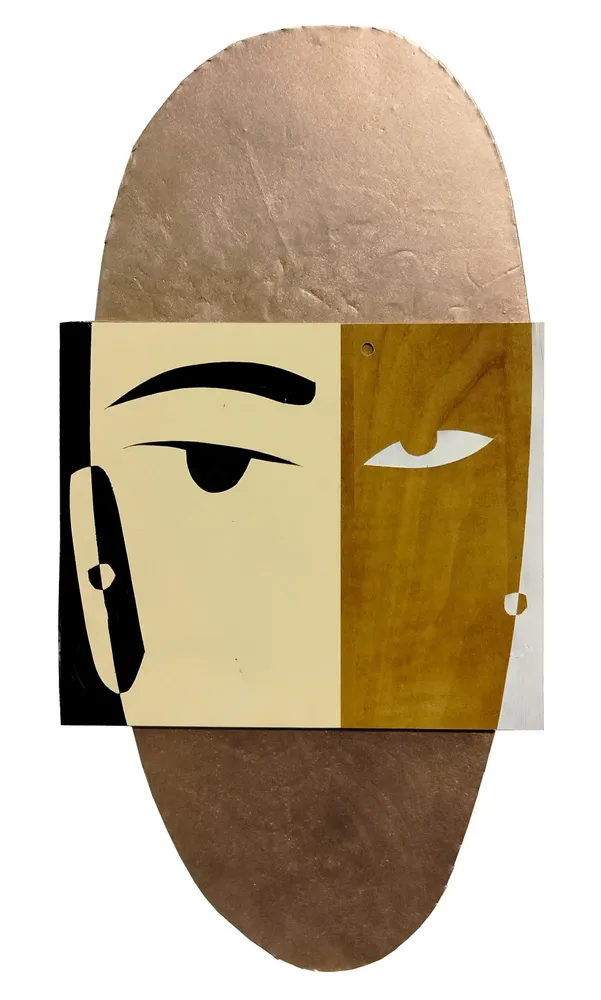 Artwork titled "Cabeza G" made with synthetic enamelled paint, laminate, copper in the year 2023 by Juan Diego Miguel