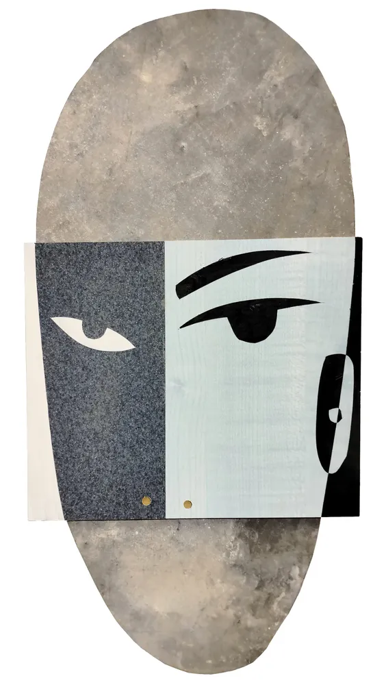 Artwork titled "Cabeza J" made with synthetic enamelled paint, laminate, zinc in the year 2023 by Juan Diego Miguel