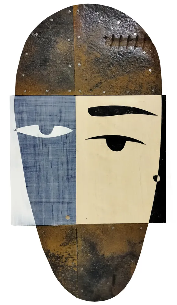 Artwork titled "Cabeza K" made with synthetic enamelled paint, laminate, rubber, iron in the year 2023 by Juan Diego Miguel