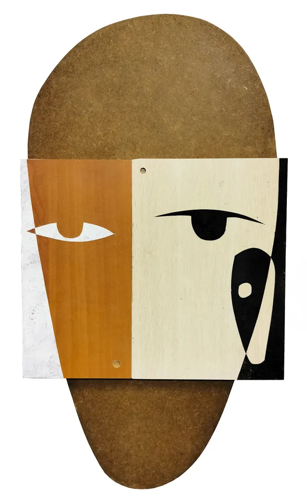 Artwork titled "Cabeza L" made with synthetic enamelled paint, laminate, mdf in the year 2023 by Juan Diego Miguel