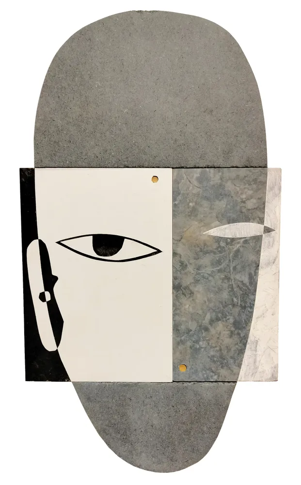 Artwork titled "Cabeza O" made with synthetic enamelled paint, laminate, mdf in the year 2023 by Juan Diego Miguel