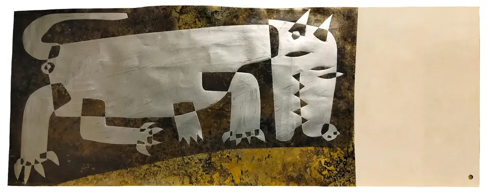 Artwork titled "Perro" made with synthetic enamelled paint, brass, laminate in the year 2023 by Juan Diego Miguel
