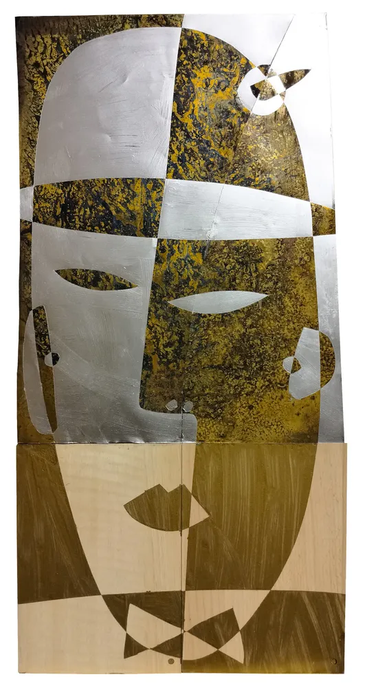Artwork titled "Cabeza tocada" made with synthetic enamelled paint, brass, laminate in the year 2023 by Juan Diego Miguel