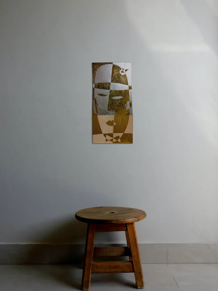 Artwork titled "Cabeza tocada" made with synthetic enamelled paint, brass, laminate in the year 2023 by Juan Diego Miguel