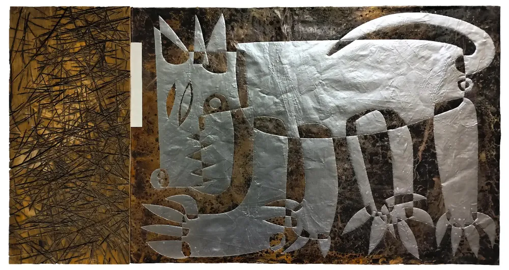 Artwork titled "Perro" made with synthetic enamelled paint, copper, plywood, laminate in the year 2023 by Juan Diego Miguel