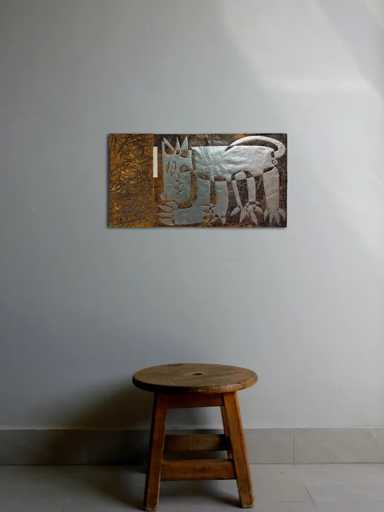 Artwork titled "Perro" made with synthetic enamelled paint, copper, plywood, laminate in the year 2023 by Juan Diego Miguel