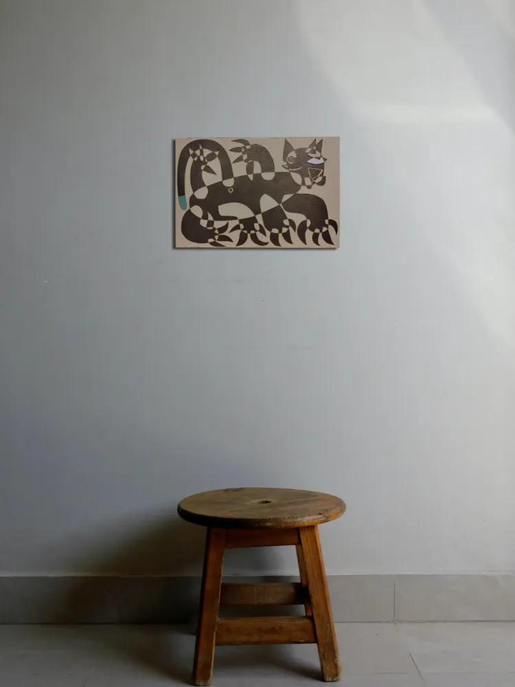Artwork titled "Gato 2" made with graphite, laminate, cardboard in the year 2024 by Juan Diego Miguel
