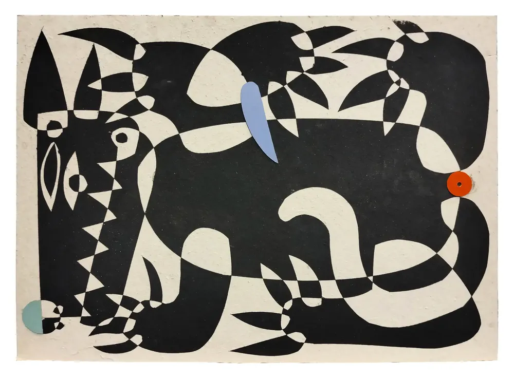 Artwork titled "Pulgoso 3" made with synthetic enamelled paint, laminate, cardboard in the year 2024 by Juan Diego Miguel
