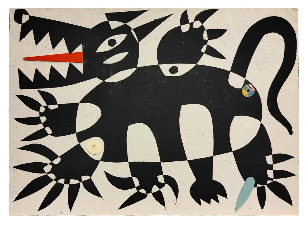 Artwork titled "Pulgoso 4" made with synthetic enamelled paint, laminate, cardboard in the year 2024 by Juan Diego Miguel
