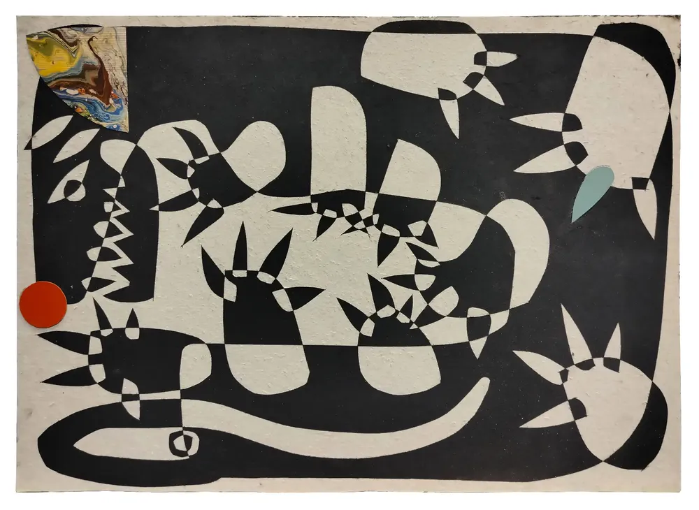 Artwork titled "Pulgoso 5" made with synthetic enamelled paint, laminate, cardboard in the year 2024 by Juan Diego Miguel