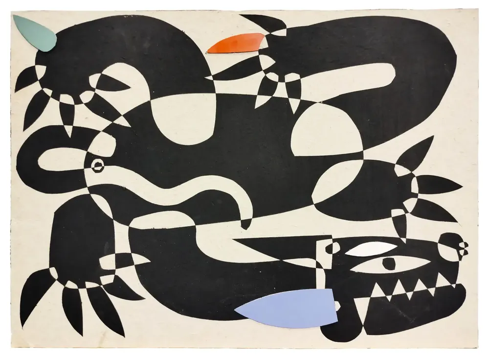 Artwork titled "Pulgoso 7" made with synthetic enamelled paint, laminate, cardboard in the year 2024 by Juan Diego Miguel