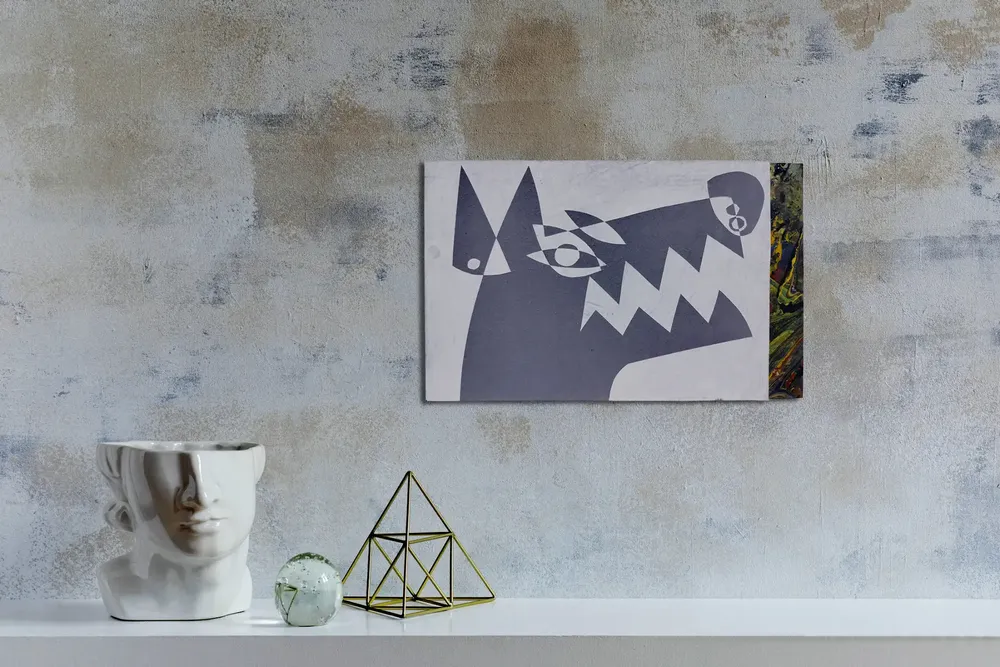 Artwork titled "Cabeza de perro 3" made with synthetic enamelled paint, cardboard, mdf in the year 2024 by Juan Diego Miguel