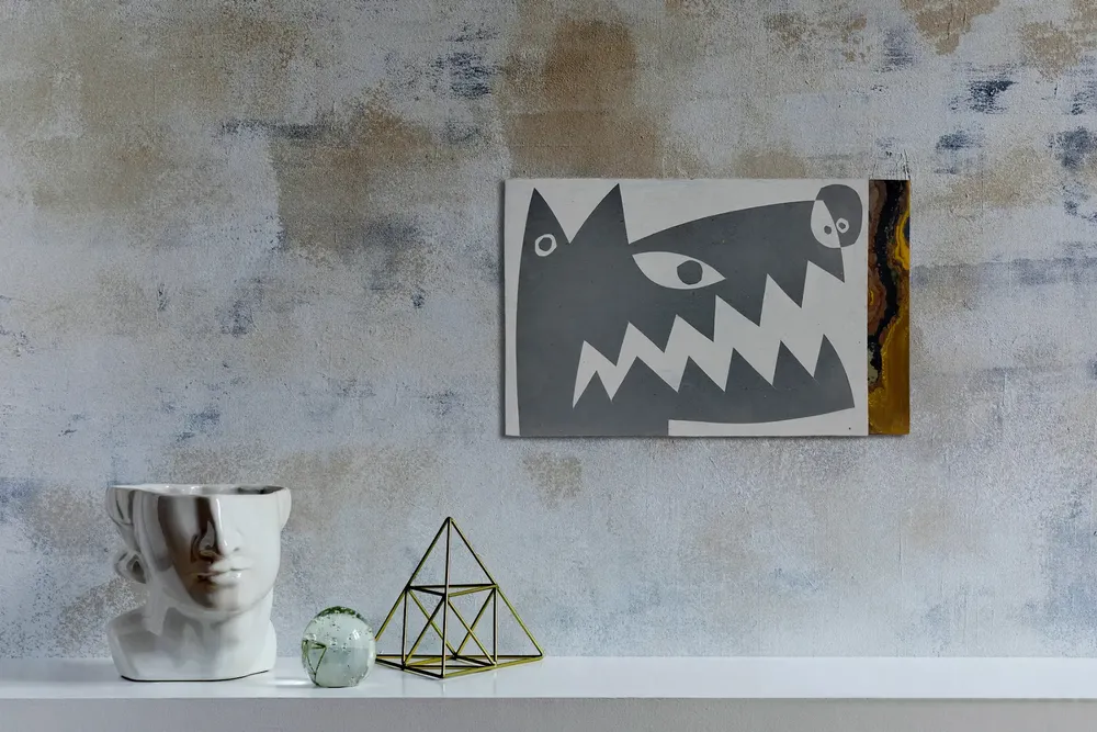 Artwork titled "Cabeza de perro 4" made with synthetic enamelled paint, cardboard, mdf in the year 2024 by Juan Diego Miguel