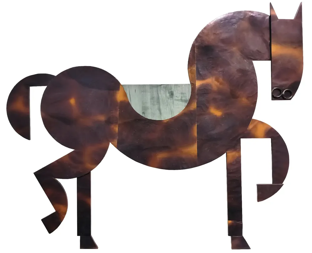 Artwork titled "Caballo de tiovivo" made with iron, laminate, copper in the year 2024 by Juan Diego Miguel