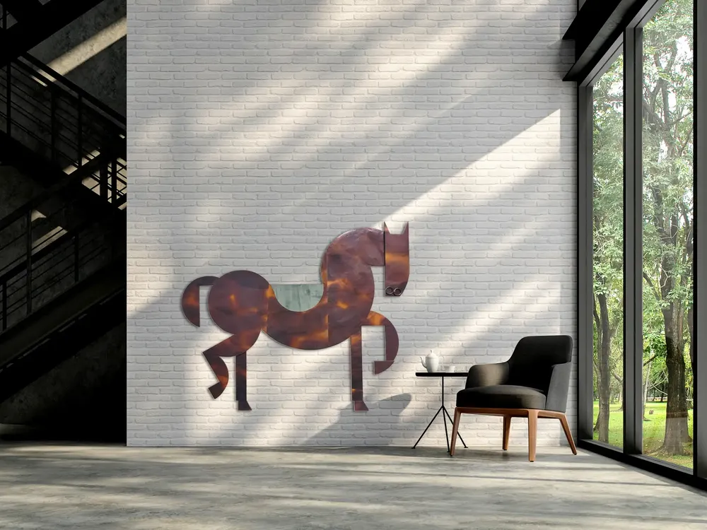 Artwork titled "Caballo de tiovivo" made with iron, laminate, copper in the year 2024 by Juan Diego Miguel