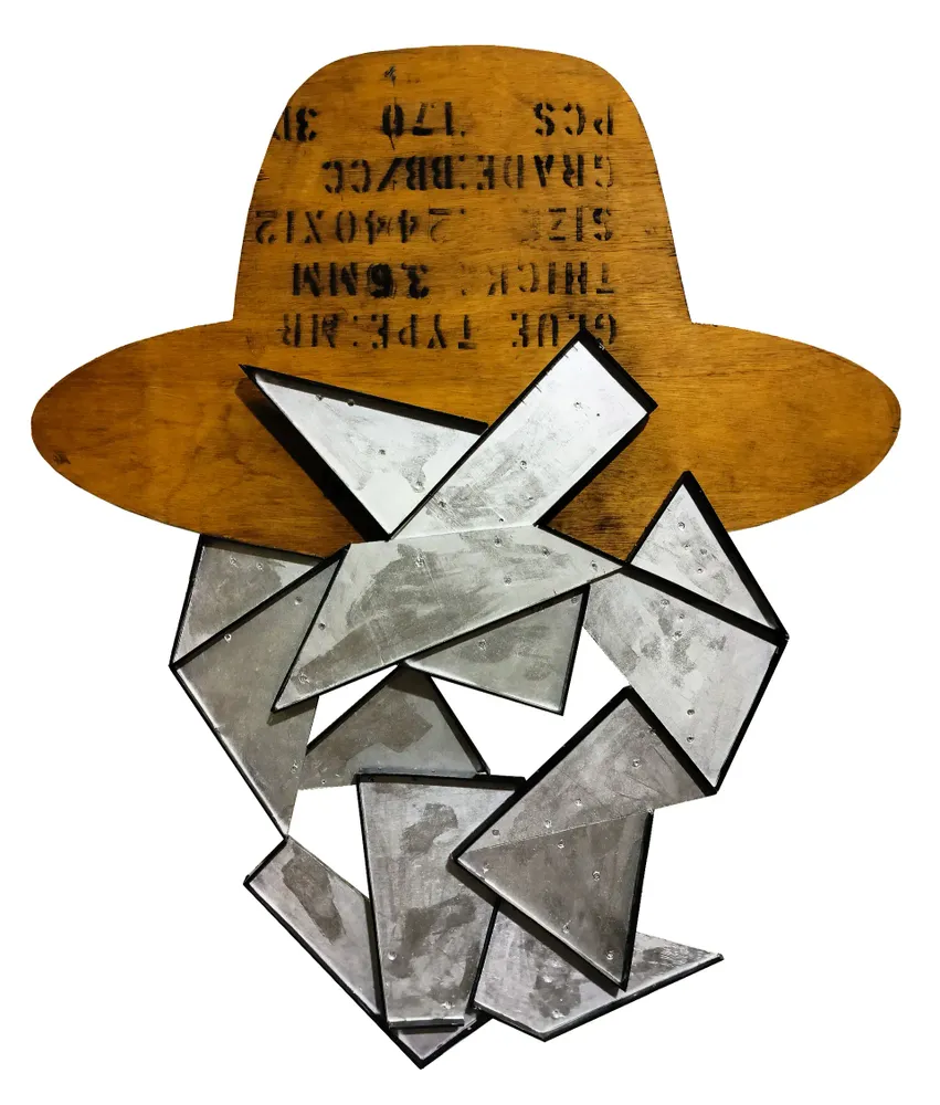 Artwork titled "Autorretrato animico" made with synthetic enamelled paint, plywood, iron, Plastic in the year 2024 by Juan Diego Miguel