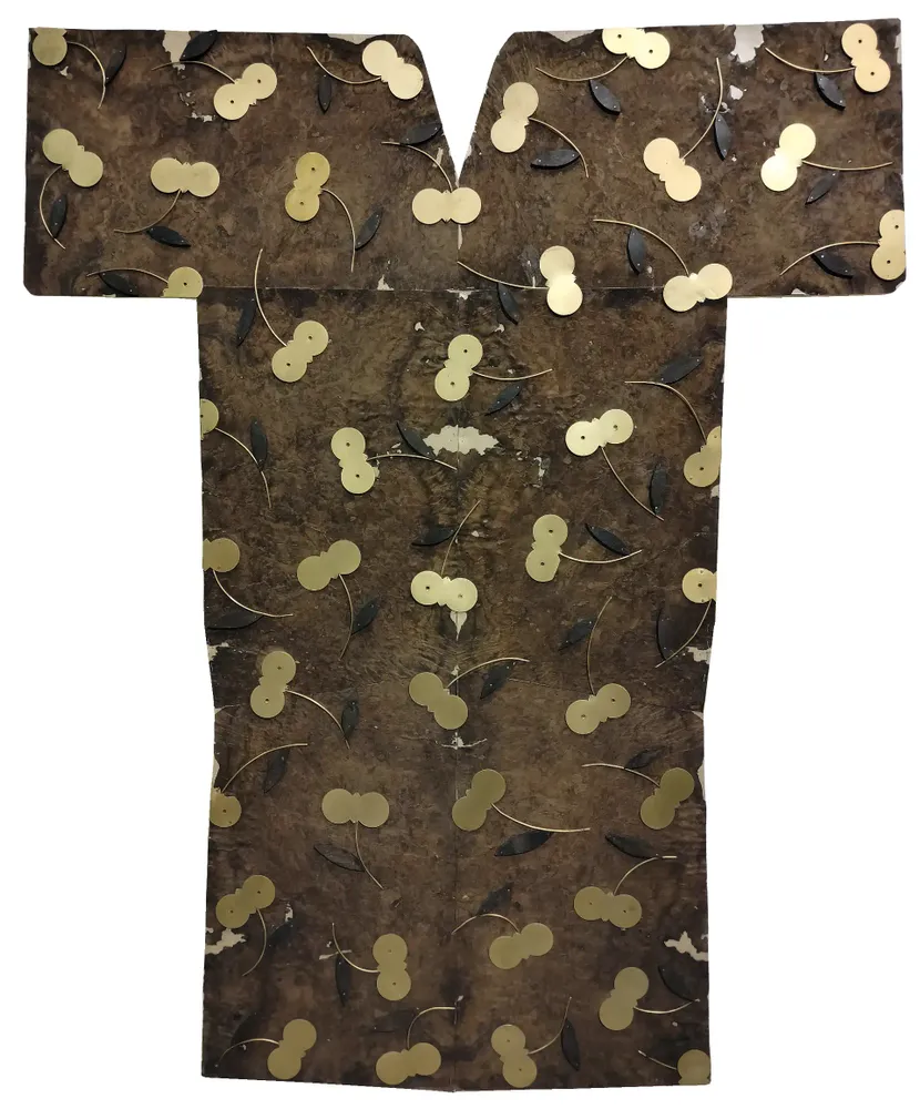 Artwork titled "Túnica estampada" made with brass, rubber, iron, wood in the year 2024 by Juan Diego Miguel