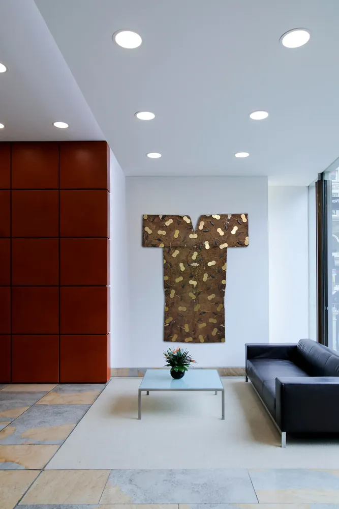 Artwork titled "Túnica estampada" made with brass, rubber, iron, wood in the year 2024 by Juan Diego Miguel