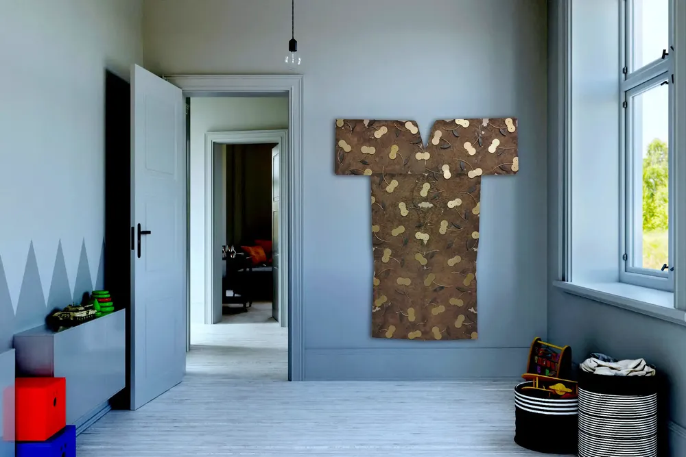 Artwork titled "Túnica estampada" made with brass, rubber, iron, wood in the year 2024 by Juan Diego Miguel
