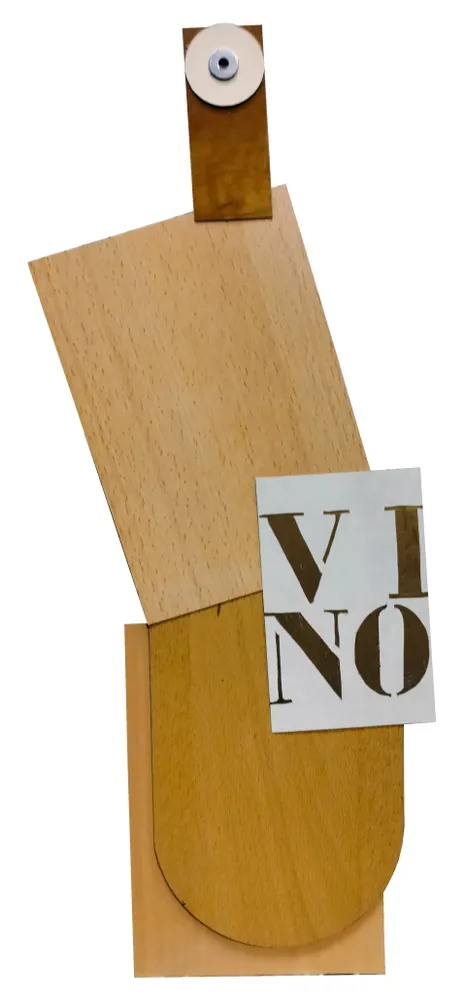 Artwork titled "Botells VINO" made with synthetic enamelled paint, laminate, iron in the year 2024 by Juan Diego Miguel