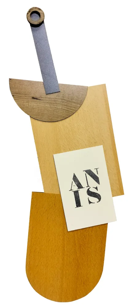 Artwork titled "Botella ANIS" made with wood, synthetic enamelled paint, laminate in the year 2024 by Juan Diego Miguel
