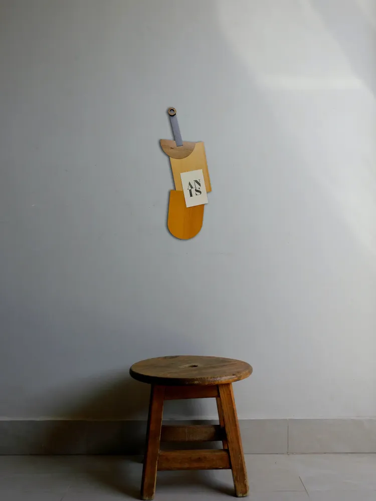 Artwork titled "Botella ANIS" made with wood, synthetic enamelled paint, laminate in the year 2024 by Juan Diego Miguel